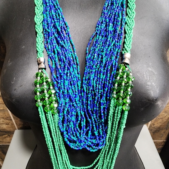 Fashion costume jewelry necklace lot Glass seed beads multi layered green blue - Picture 3 of 10
